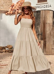 Women's Casual Basic Spaghetti Strap Maxi Dress Sleeveless Summer Dresses Beige - Picture 1 of 2