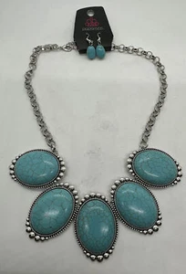 Paparazzi Necklace & Earrings Set Silver Tone W/ Turquoise Color Oval Stones NWT - Picture 1 of 7