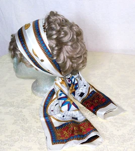 Silk Long Vintage Head Neck Scarf Astrology Zodiac Horoscope Sun Stars Gold Red - Picture 1 of 23