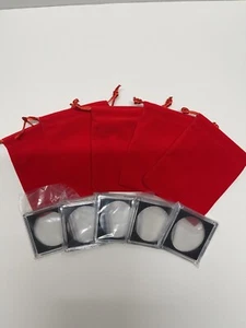 5 Red Velvet Gift Bags With 5 Tetras For 1oz 39mm Silver Rounds (No Coins) - Picture 1 of 3