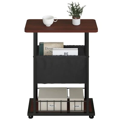 3 Tier End Table with Magazine Holder Narrow Thin Side Table Rustic Burnt Wood - Image 1 of 4