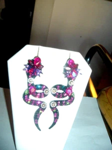 LONG BLACK Body FUSHIA Crystals "YEAR OF SNAKE" Betsey Johnson Pierced EARRINGS - Picture 1 of 7