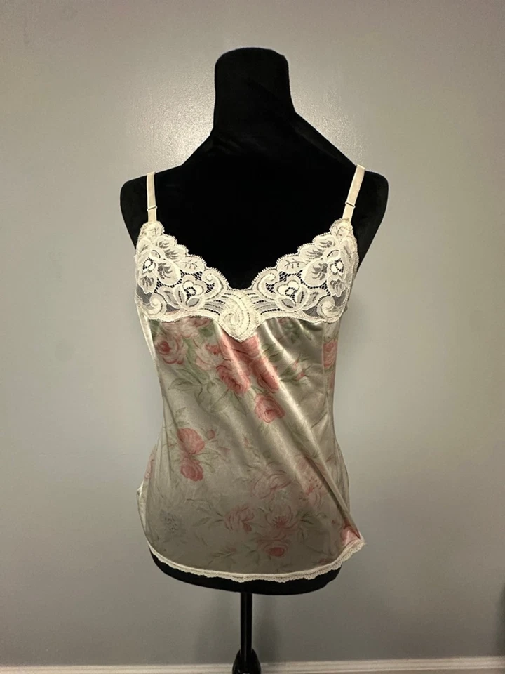 Винтажный Vanity Fair Sage зеленый розовый цветочный кружева Chemise скольжения размер 34 - Изображение 1 из 3