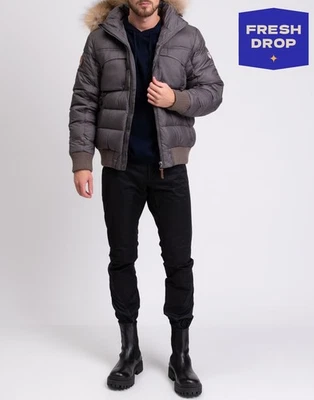 RRP €345 DOLOMITE Down Quilted Jacket Size L Raccoon Fur Trim Grey Elbow Patches - Image 1 of 4