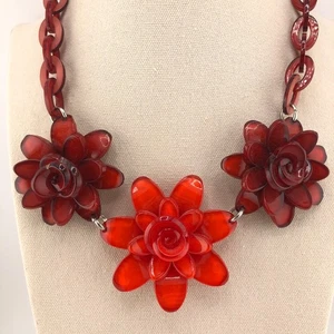 RED Floral Necklace 3D Flower Links Statement Retro Festival Boho Christmas - Picture 1 of 14