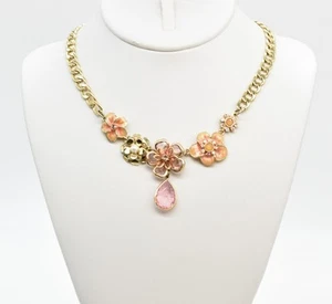 16.5" Gold Plated AB & Pink Crystal, Orange & Gold Enamel Flower Chain Necklace - Picture 1 of 3