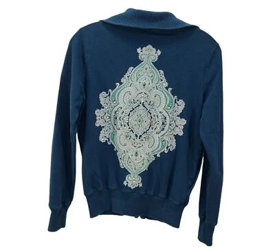 Mujer Chaqueta Sudadera Deslumbrante Azul Teal Cremallera Completa Artística Tachonada Mediana Foto 1 de 4