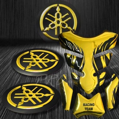 Almohadilla de tanque de combustible tribal de fuego cromada dorada + logotipo 3D carenado emblema pegatina para R1 R6 Foto 1 de 4