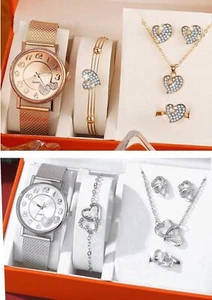 Watch Bracelet Necklace Earrings Gift Box Set Women Girls Christmas 5 Pcs Set - Picture 1 of 8