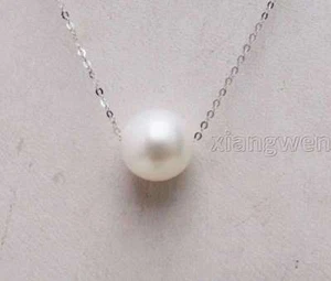 AAA 9-10mm Round Natural White Pearl Pendant Necklace & 14K White Gold Chain 18" - Picture 1 of 14