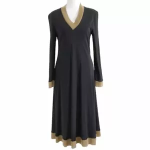 MARIE SAINT PIERRE BLACK GOLD SHIMMER V-NECK LONG SLEEVE MIDI DRESS - 4 - Picture 1 of 8