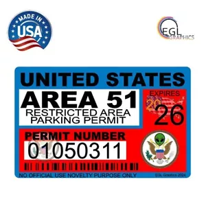 Area 51 License Sticker Permit Funny Decal Bumper Alien UFO Conspiracy Space Usa - Picture 1 of 3