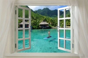 WINDOW ONTO TAHITI Scenic Poster Turquoise Water Paddle Boarder 20x30 New - Picture 1 of 1
