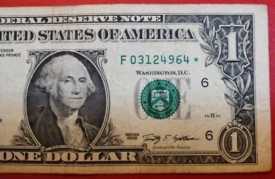 $1 One Dollar Star Note Serial Number F03124964* Series 2009 Misaligned  - Image 1 of 4