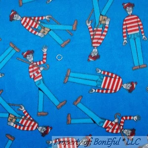 BonEful Fabric Fleece BTHY 1/2 Yd Blue Where's Waldo Red White Stripe Top Hat US - Picture 1 of 7