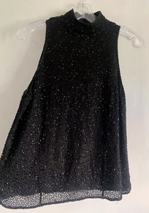 MARILYN ANSELM HOBBS BLACK SILK HIGH NECK SEQUINS SLEEVELESS TOP BLOUSE SIZE:12 - Picture 1 of 9