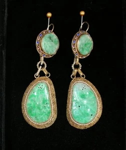 Antiq Chinese Jade Gold Gilded 925 Silver Filigree Drop LeverBack Earrings 3.5"L - Picture 1 of 15