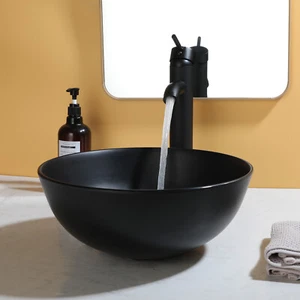 Fregadero de lavabo de baño de resina de piedra cuenco negro combos grifo negro juego de drenaje cromado - Imagen 1 de 7