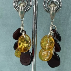 925 Sterling Silver Amber Earrings dangle leaf oval cluster - Picture 1 of 8
