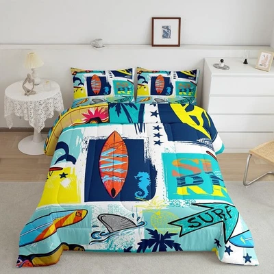 Surfing Sports Comforter Set Twin Size,Colorful Surf Themed Graffiti Painting... - Image 1 of 4