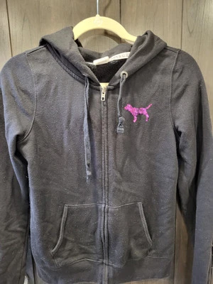 Raro Victorias Secret Rosa Zebra Lantejoulas Zíper Completo Moletom Preto Retrô, Pequeno - Imagem 1 de 4