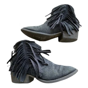 Justice Girls Boots Size 4 Booties Black Faux Suede Ankle Fringe Western - Picture 1 of 8