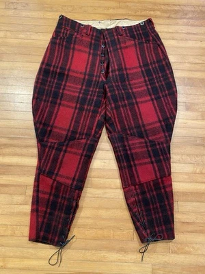 Calça de caça masculina vintage anos 50 Soo Woolen Mills lã 34 xadrez com cadarço vermelho preto - Imagem 1 de 4