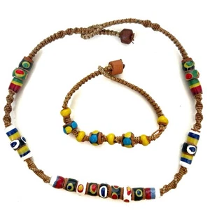Handmade Woven Knit Beaded Necklace Choker and Bracelet Brown Yellow Blue Green - Picture 1 of 15