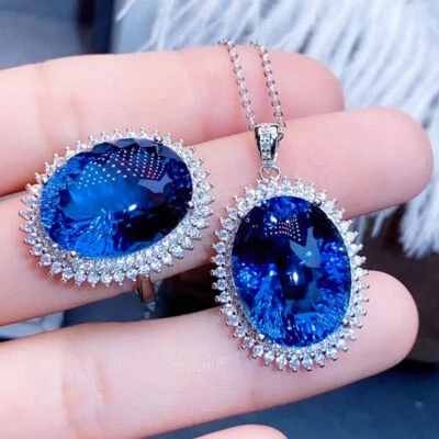 Nuevo Conjunto de Joyas Grandes Ovalados Océano Azul Topacio Piedras Preciosas Mujeres Plata Collar Anillos Foto 1 de 4
