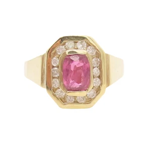 14K GOLD Vintage Ring Solid Halo Real Diamonds & Rectangle Inlay Ruby Sz 6 GR802 - Picture 1 of 8