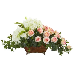 Nearly Natural Artificial Hydrangea & Rose Arrangement Metal Planter Light Pink - Picture 1 of 1