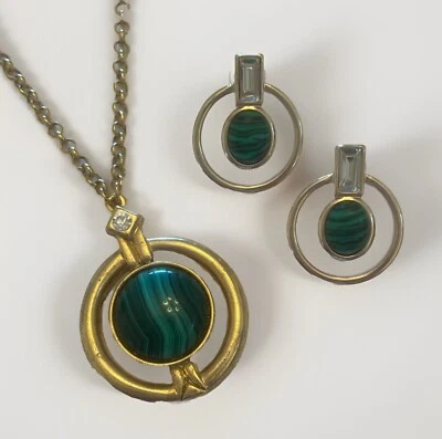 Vintage 1928 Faux Malachite Necklace & Earrings Set Gold Tone Adj. to 22.5” - Image 1 of 4