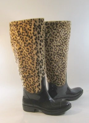 NUEVAS Botas Bambú Marrón/Guepardo 1" BLOQUE Tacón Nieve Rodilla MUJERES Talla 6 Foto 1 de 4
