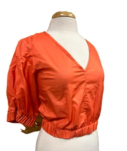 NEW THE KIT Sophie Crop Top Orange Cotton V-Neck Puffy Short Sleeves SZ S - Picture 1 of 13