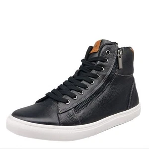 Mens Leather High Top Trainer Zip Fastening HX London Ilford Black - Picture 1 of 4