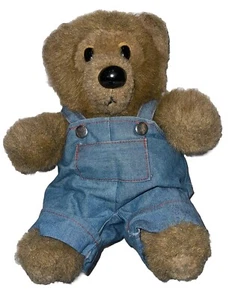 R Dakin Brown Teddy Bear 1985 Farmer Blue Jean Overalls Sitting Plush Vintage 9" - Picture 1 of 11