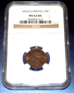 1876 H Great Britain 1/4p Farthing NGC MS62 BN British Certified UNC Graded Coin - Picture 1 of 4