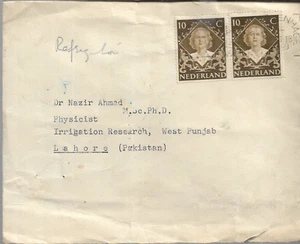 NIEDERLANDE 1949 BRIEF MIT 2x 10c BRAUN NACH LAHORE PAKISTAN MY REF 3151 - Bild 1 von 2