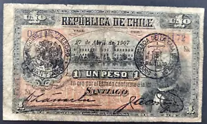 CHILE  Banknote 1907 1 Peso P15a with Round stamps Types I and III. RARE - Bild 1 von 11