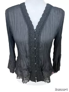 Sunny Leigh Women's Small Sheer Pleated Blouse Button Up Black  Crochet Acc. NWT - Picture 1 of 8