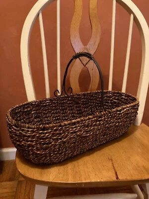 Retro Natural Rush Basket w/Wire Framework & Ornate Wire Handle 16x8x5 - Image 1 of 4