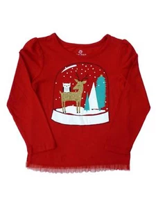 Girl Red Glittery Deer Holiday Long Sleeve Shirt Snow Globe T-Shirt Large 6 - Picture 1 of 1