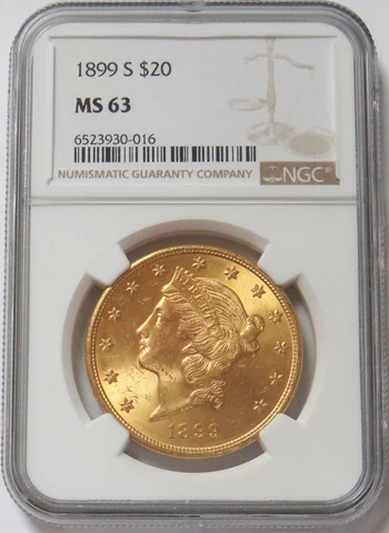 1899 S GOLD $20 LIBERTY HEAD DOUBLE EAGLE COIN NGC MINT STATE 63 PQ Cover