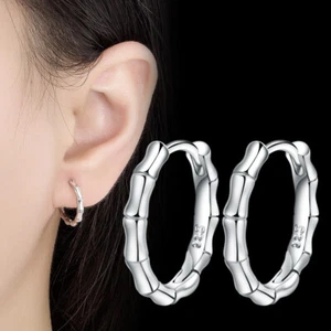 Pendientes de aro de bambú de plata esterlina 925 para mujer pendientes redondos regalo - Imagen 1 de 5