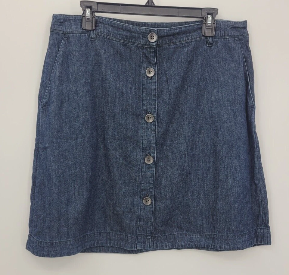 Saia Lands End Feminina 12P Lavagem Escura Azul Denim Linha A Botão Boho Modesto Ano Novo - Imagem 1 de 4
