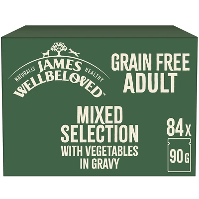 84 x 90g James Wellbeloved Grain Free Adult Dog Food Mixed Selection in Gravy