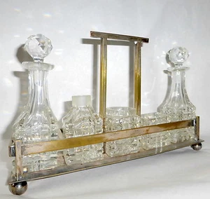 6 Piece Art Deco Beveled Cut Crystal Perfume Bottles Vanity Set in Metal Case - Picture 1 of 7