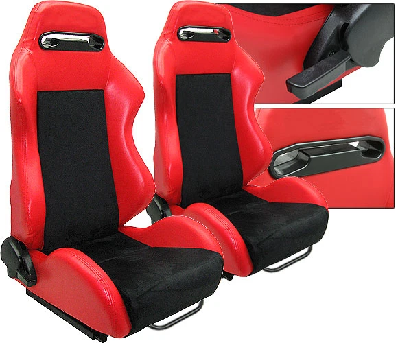 NEW 1 PAIR RED PVC LEATHER & BLACK SUEDE ADJUSTABLE RACING SEATS CHEVROLET **** - Image 1 of 1