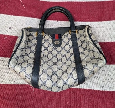 Bolso de Mano Vintage Años 70 80 Gucci GG Monograma Doctor Cartera Taupe/Azul Marino Foto 1 de 4