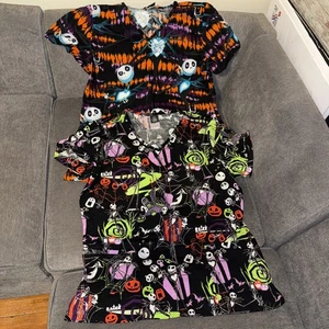 2- Women’s Disney Nightmare Before Christmas V Neck Scrub Top Size Medium - Picture 1 of 7
